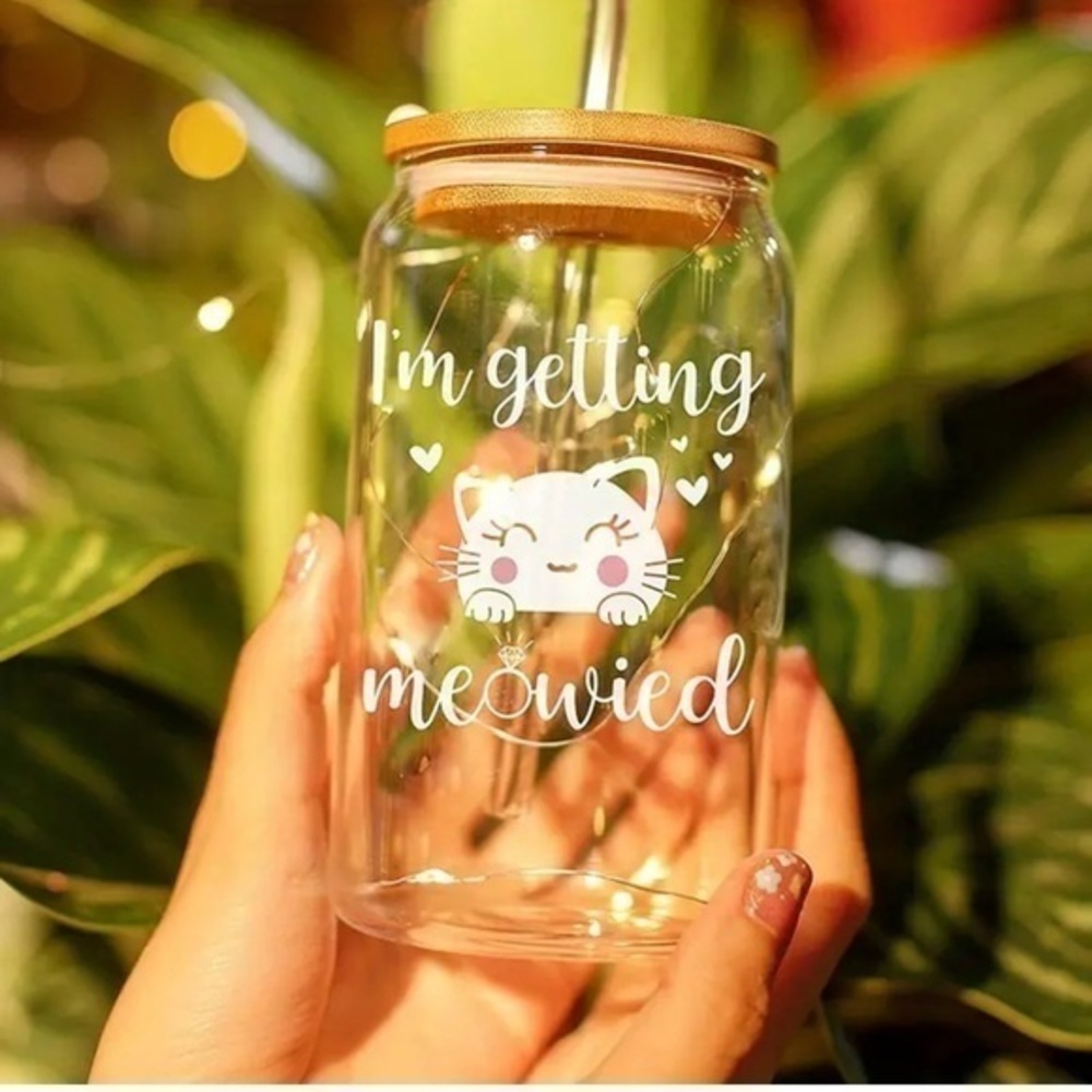 Cute Cat Glass Jar with Bamboo Lid and straw Getting Meowied Getting Married
